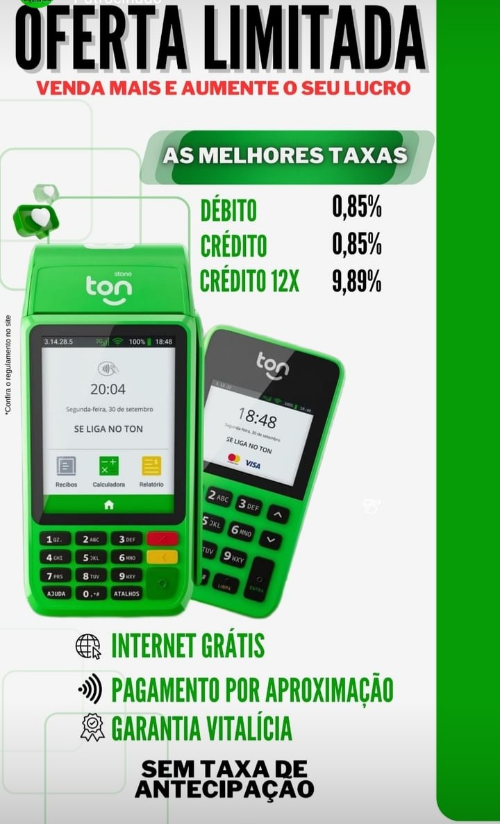 Maquininha de cartão Ton 0,85% de taxa no débito e crédito sem mensalidade e sem aluguel promoção