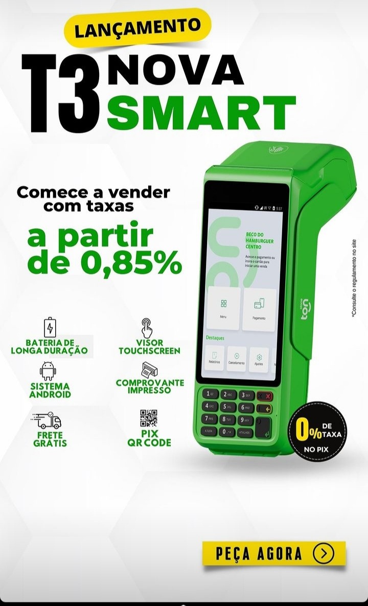 Maquininha de cartão Ton T3 smart com 2 baterias/Qrcode e touch-screen. Reposição de bombinhas grátis/sem mensalidade e sem aluguel com 0,85 %de taxa no débito e crédito.